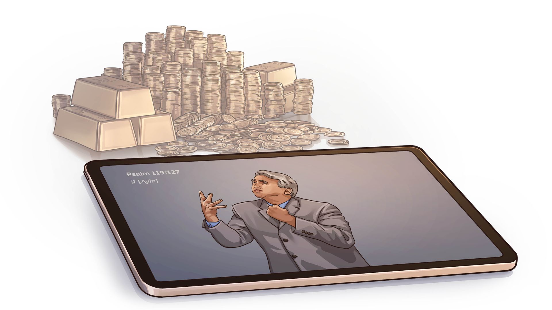 Egy nyitott Biblia egy halom aranyérme és aranyrúd mellett.