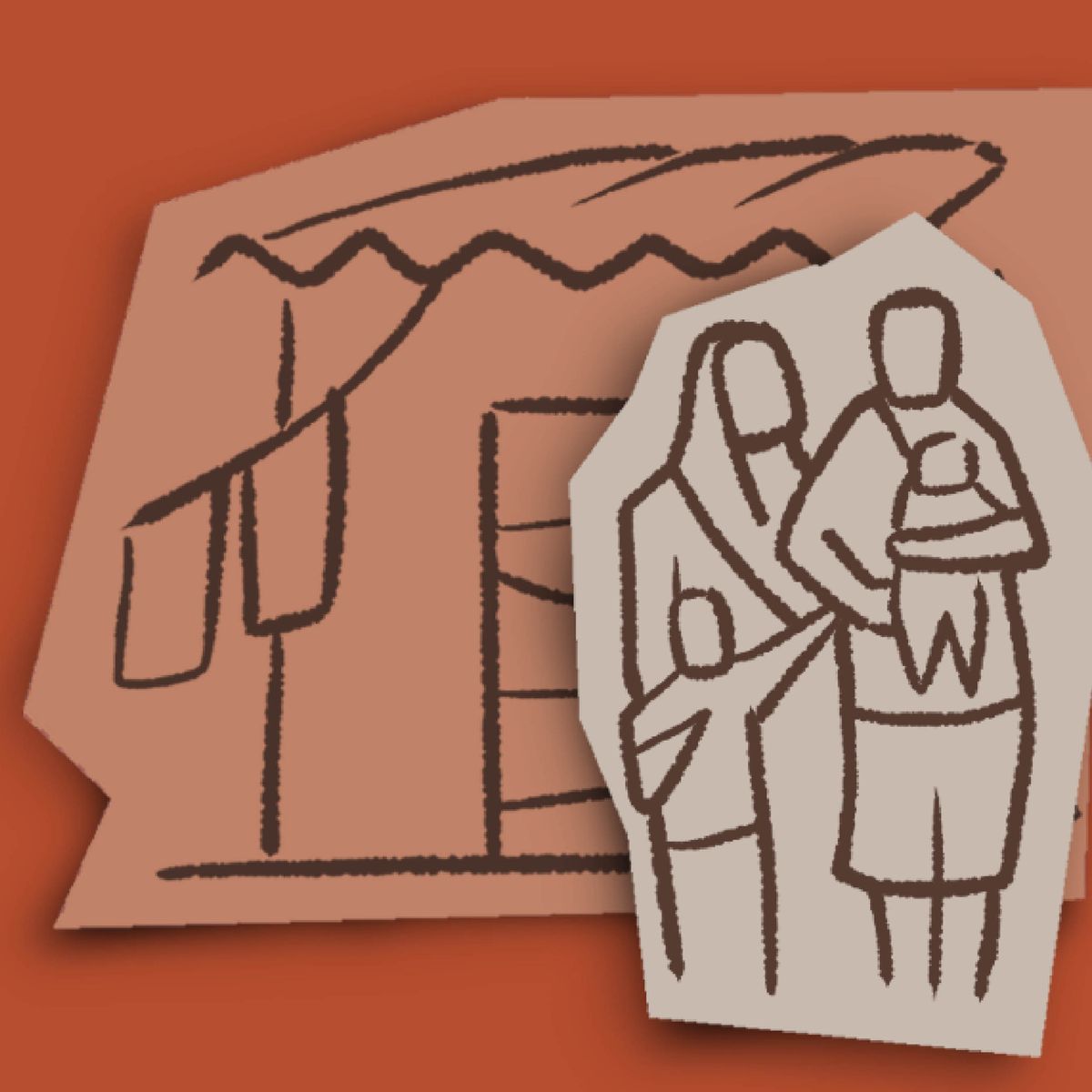 Egy rajz, amelyen egy család a szegényes háza előtt áll.