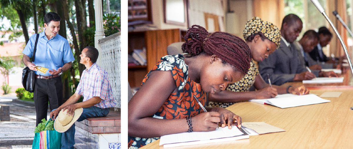Yon frè selibatè k ap preche nan peyi Brezil; Kèk frè ak sè selibatè nan peyi Malawi k ap asiste Lekòl pou evanjelizatè Wayòm nan