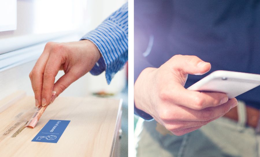 Valaki pénzt dob egy adományládába; valaki online küld adományt