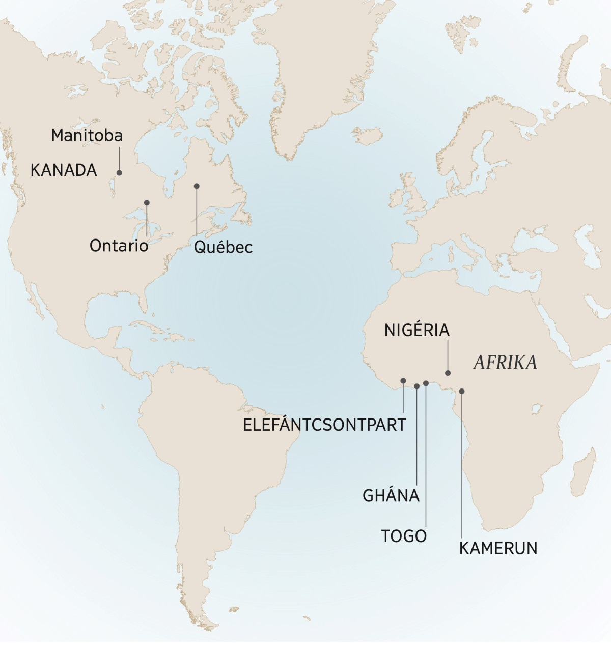 Egy térkép, melyen olyan helyek láthatók, ahol André élt és szolgált. Kanada: Manitoba, Ontario és Québec. Afrika: Elefántcsontpart, Ghána, Kamerun, Nigéria és Togo.