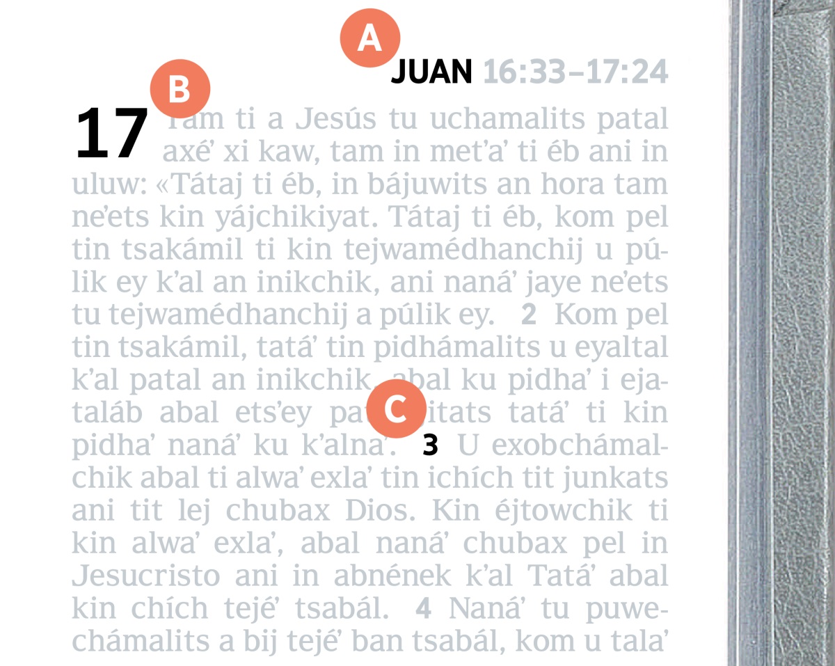 An letras A, B ani C in tejwamedhál jun i página axi ti Biblia.