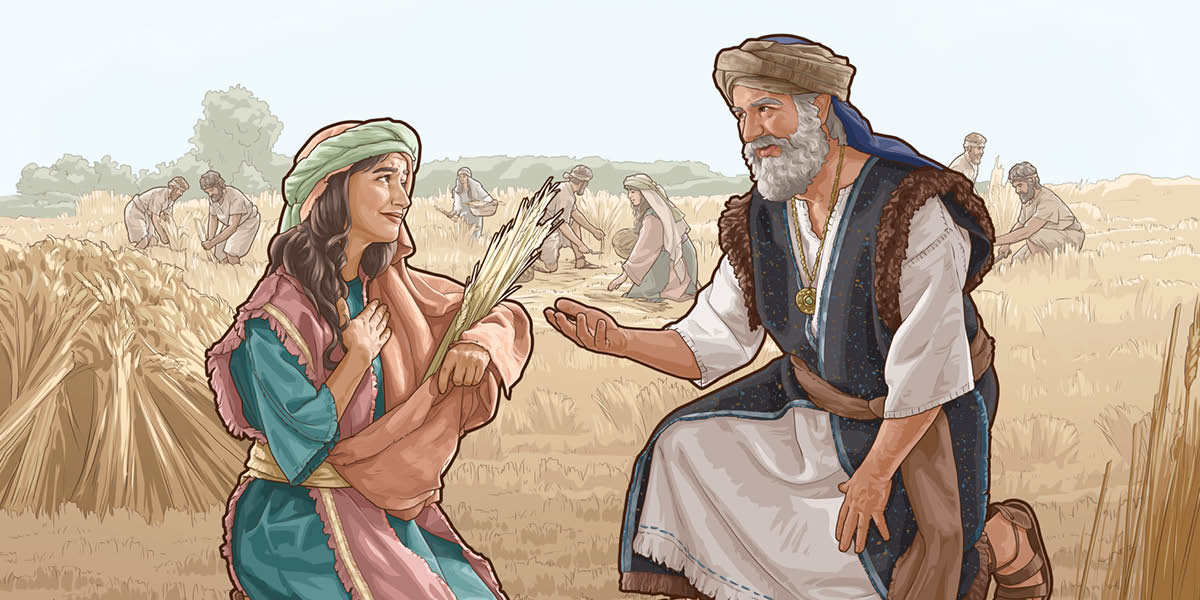 A Boaz in uchál a Rut abal lej alwaʼ jawaʼ in tʼajál biyat a a Rut in penal i trigo.