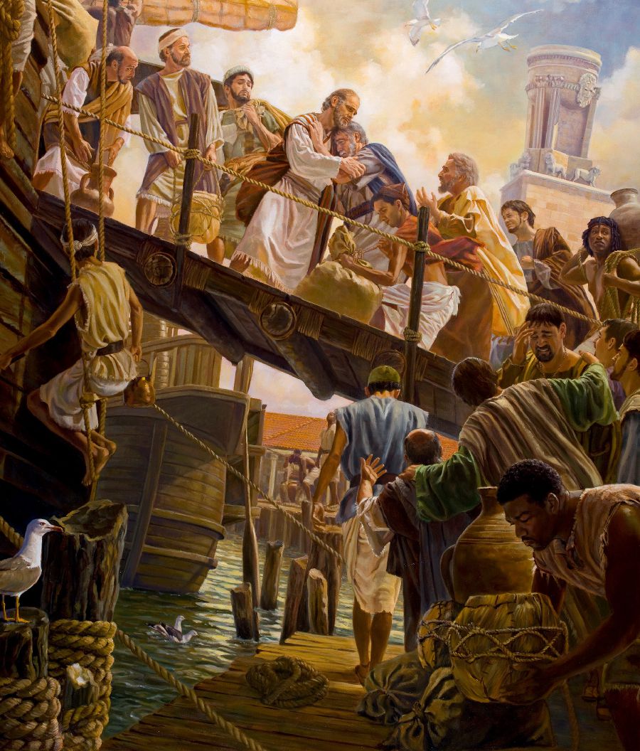 Paul an his frenz getting on one boat. Da eldas from Efesus cry an hug him.