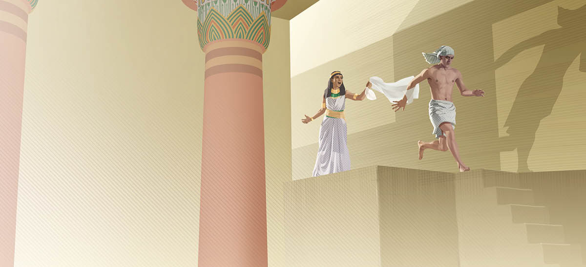 Joseph diggin out from Potiphar’s wife. She get Joseph’s shirt in her hand.