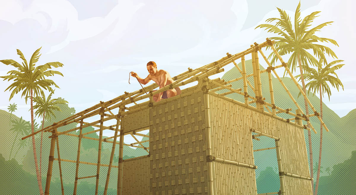 One man stay tyin one bamboo roof to da house dat he stay buildin in one tropical place.