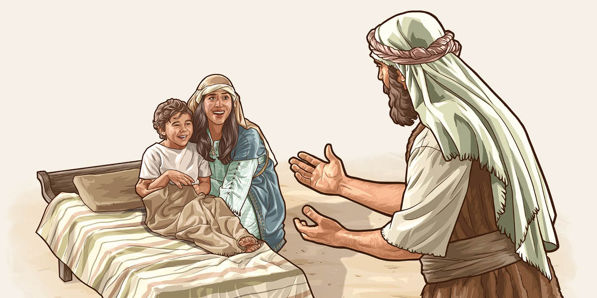 Elisha spockin da Shunem wahine ony happy an huggin her bebe boy who wen come back to life.