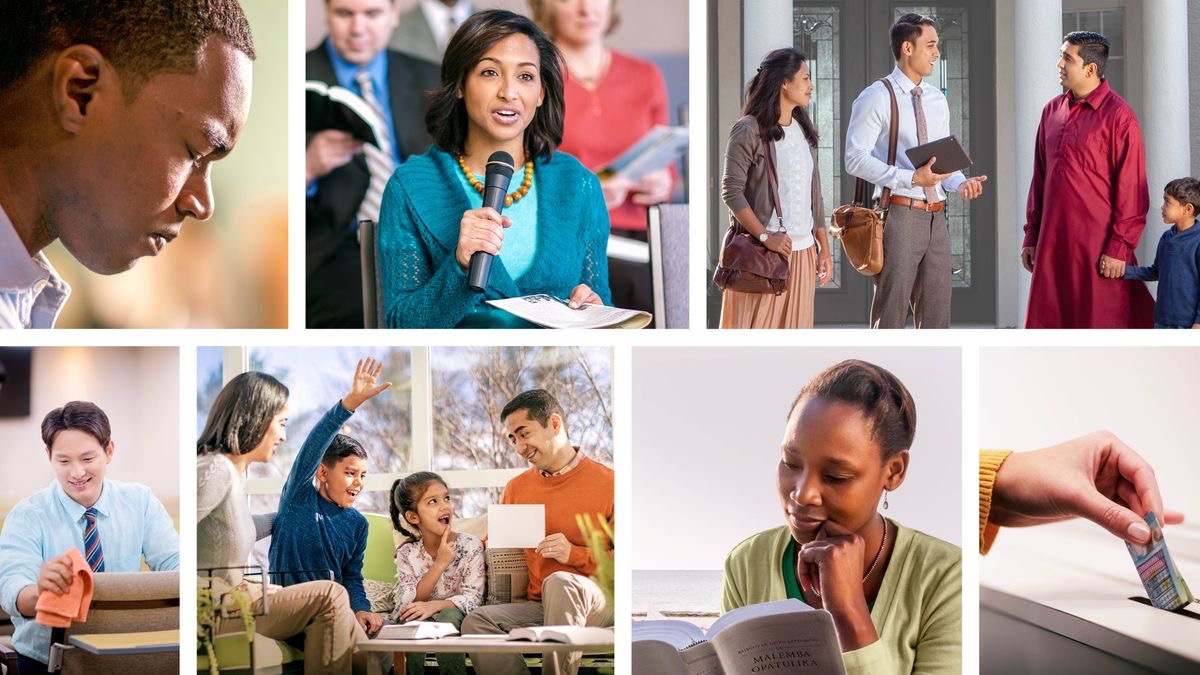 Pichas: Ways fo serve Jehovah. 1. One bradda prayin. 2. One sista ansa at da meetin 3. One couple work togedda preachin. 4. One bradda cleanin da Meetin Place. 5. One bradda stay doin ohana worship wit his wife an two keiki. 6. One sista readin her Bible. 7. One sista put kala in da money box.