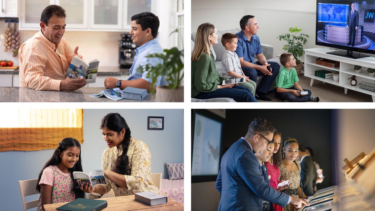 Pichas: 1. One faddah talking wit his boy about someting in da “Organized to Do Jehovah’s Will” book. 2. One ohana watching da JW Broadcast. 3. One ohana visiting one museum at Bethel. 4. One maddah stay studying wit her girl da books “Yearbook of Jehovah’s Witnesses” an “Jehovah’s Witnesses​—Proclaimers of God’s Kingdom”.