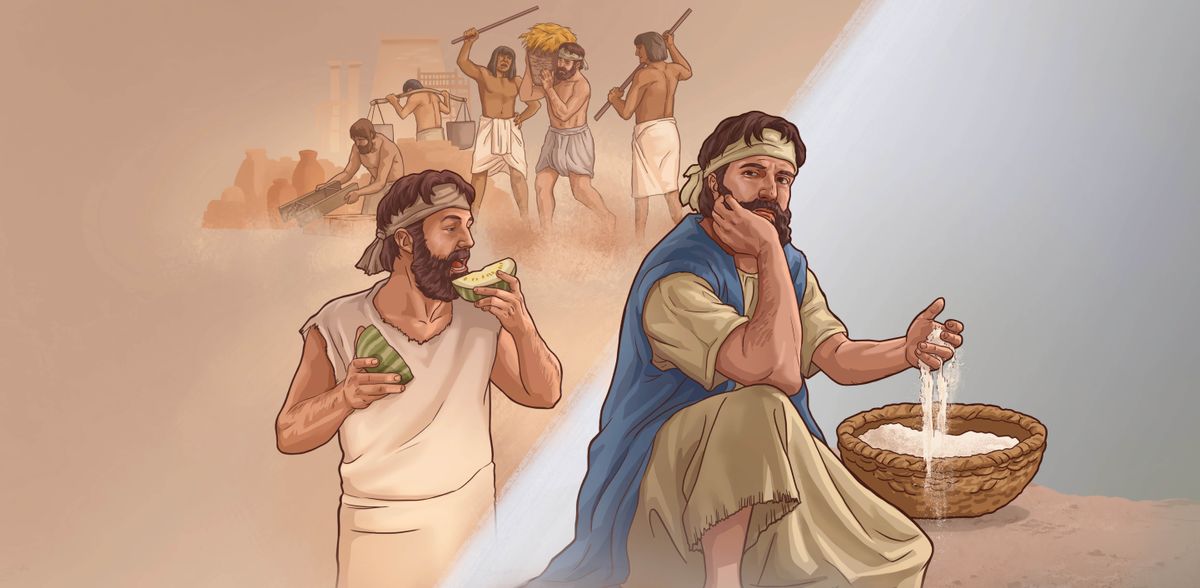 Pichas: One bummed out Israel guy wit manna in his hand tinking back to wat was like in Egypt. 1. He eating watermelon. 2. Egypt guys bussing up da Israel slaves.