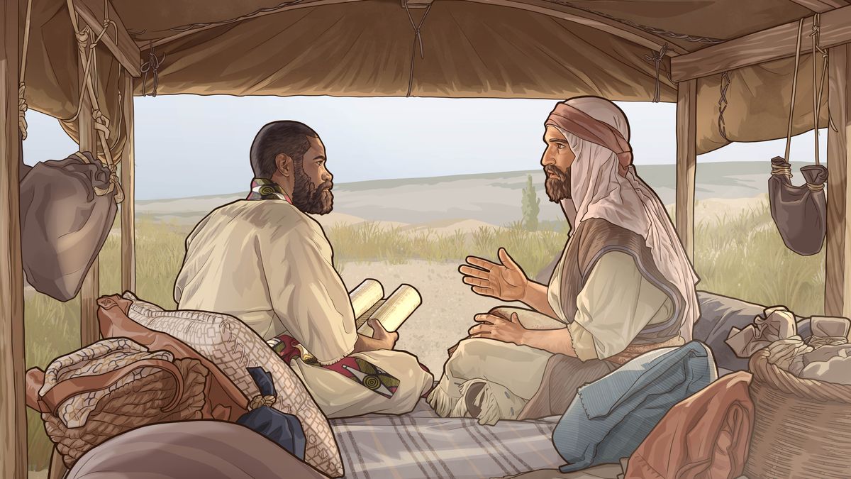Philip da preacha breaking down da scripchas to one Ethiopia guy in his chariot.