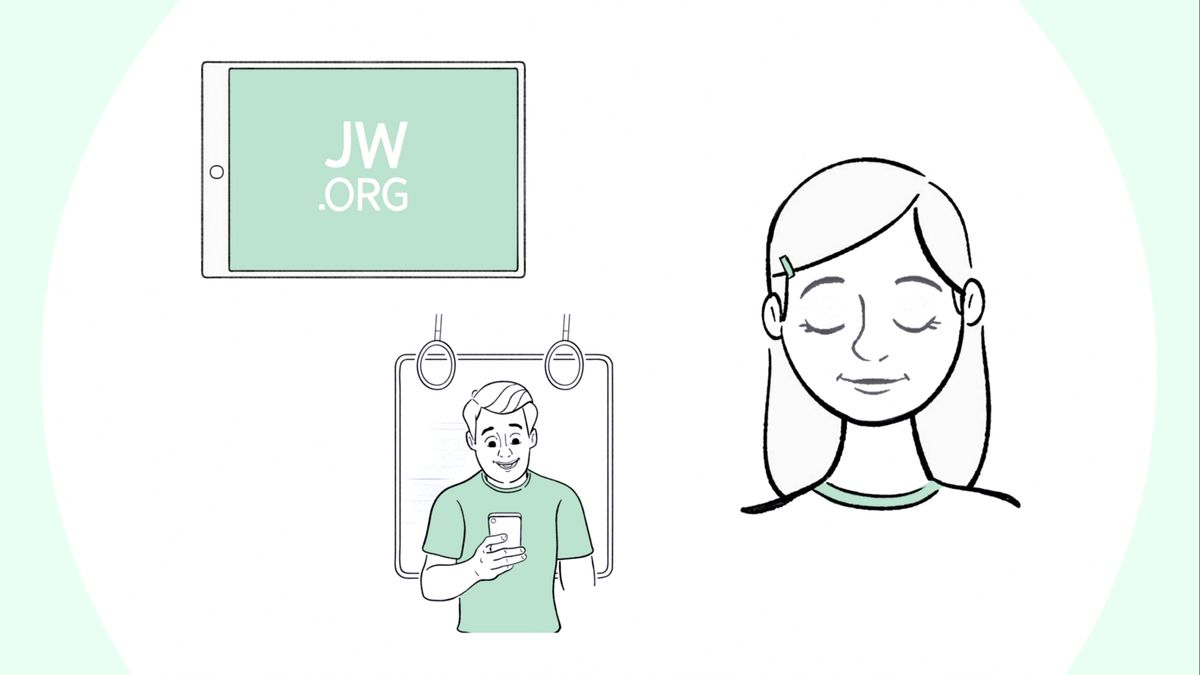 Pichas: Drawings from da video “Why I Get Faith​—Comparing Wat God Like Wit Wat I Like.” 1. One tablet wit da jw.org logo on top. 2. Hugo reading da Bible on his phone on da subway. 3. Clara pray.