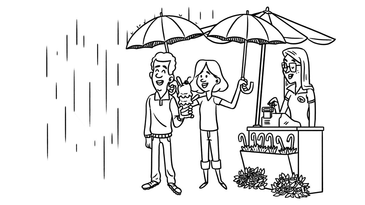 One paht from da video “How Fo Hando Yoa Money.” Da teenage girl buy two umbrellas cuz stay raining. One umbrella iz fo her an da odda iz fo her braddah, who wen use his money fo buy ice cream.