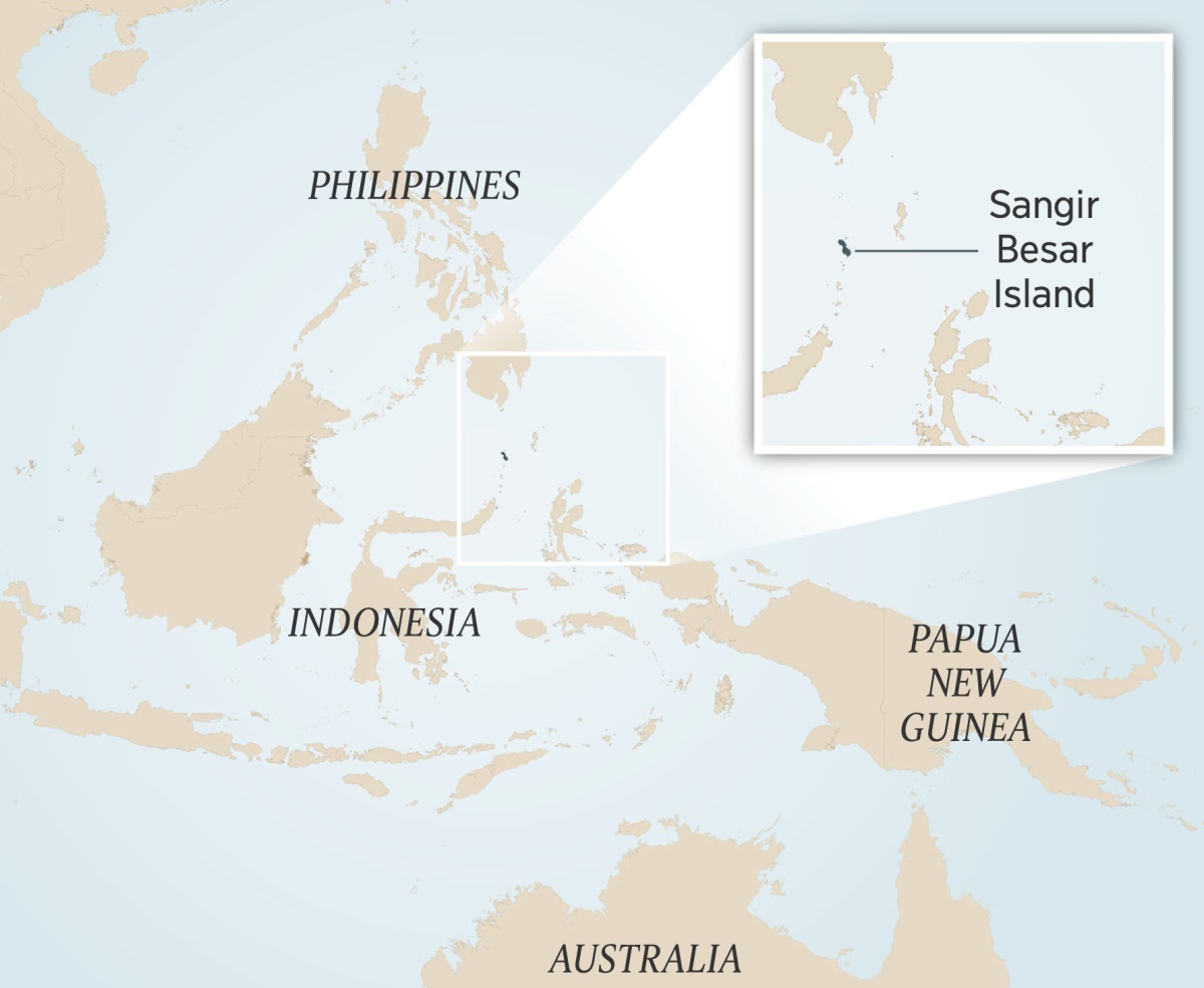 One map of Indonesia an countries aroun um. Da smalla picha inside shows da small island of Sangir Besar.