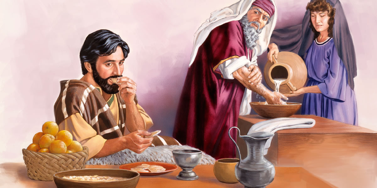 Փարիսեցի մը իր ձեռքերը մինչեւ արմուկները կը լուայ եւ քննադատական աչքով կը նայի մարդու մը, որ արդէն ճաշելու սկսած է