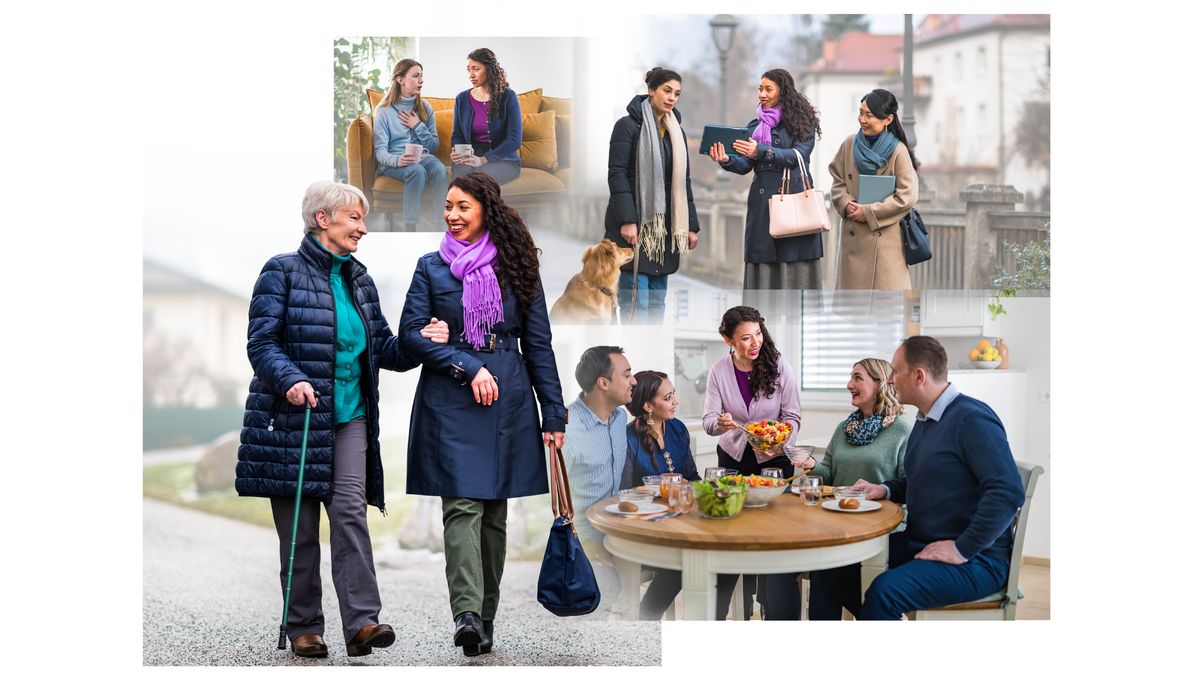 Երիտասարդ քոյր մը ուրիշներուն կ’օգնէ։ 1. Քոյրը տարեց քրոջ մը կ’օգնէ որ քալէ։ 2. Քոյրը մտիկ կ’ընէ ուրիշ քրոջ մը ըսածներուն։ 3. Քոյրը ուրիշ քրոջ մը հետ կը քարոզէ կնոջ մը, որ իր շունը քալեցնելու հանած է։ 4. Քոյրը իր տան մէջ ճաշ կը հրամցնէ իր հիւրերուն։