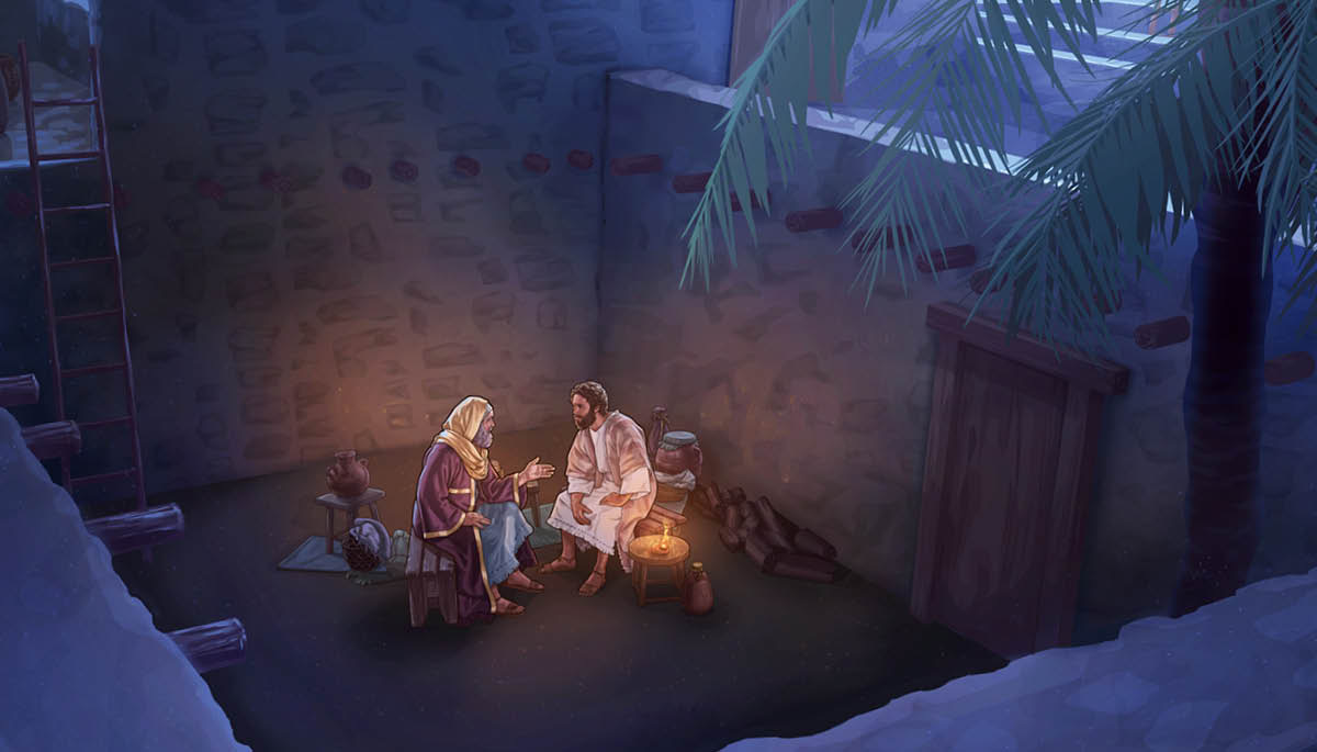 Jesus enggau Nikodimus berandau ba laman rumah maya malam hari.
