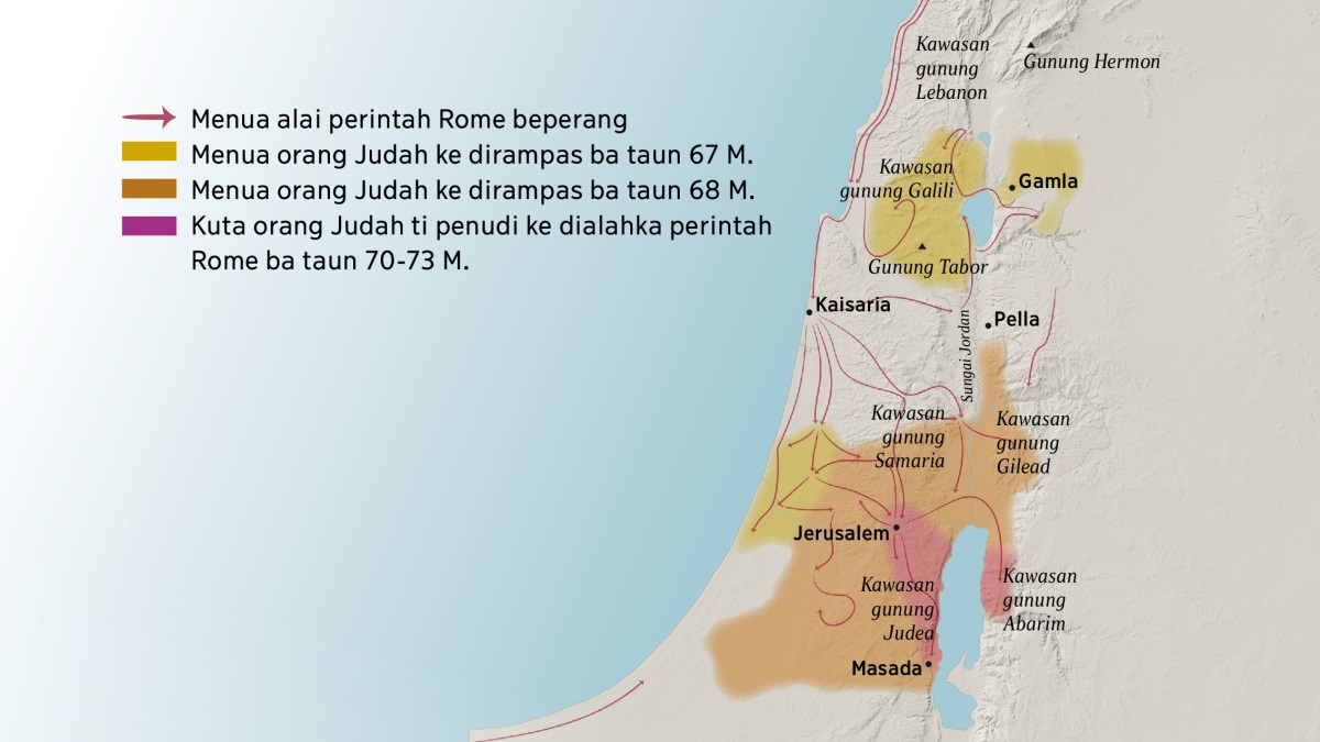Peta ke nunjukka sekeda kawasan gunung sereta nengeri-nengeri Israel ba abad keterubah. Begian utara Jerusalem nya kawasan gunung Lebanon, Galili, Samaria, enggau Gilead, pia mega enggau Gunung Hermon sereta Gunung Tabor. Nengeri-nengeri ke bisi ba utara Jerusalem nya Gamla, Kaisaria, enggau Pella. Begian selatan Jerusalem nya kawasan gunung Judea enggau Abarim, pia mega nengeri Masada. Peta nya mega nunjukka jalai ke dikena bala soldadu Rome sereta menua orang Judah ke dialahka ari taun 67 M., ngagai taun 73 M.