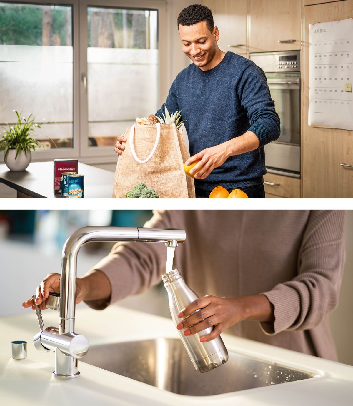 Gambar: 1. Di dapur, seorang pria mengeluarkan barang belanjaan dari kantong belanja yang bisa digunakan berkali-kali. 2. Seorang wanita mengisi botol minumnya, yang bisa digunakan berkali-kali, dengan air keran yang bisa diminum.
