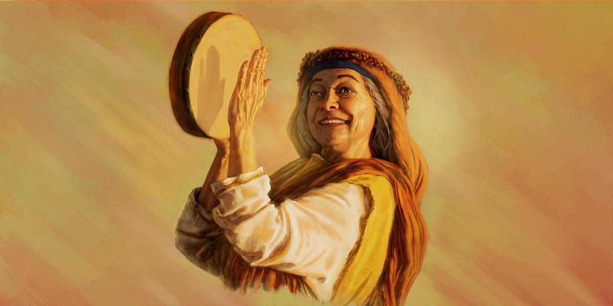 Miriam memainkan rebana.