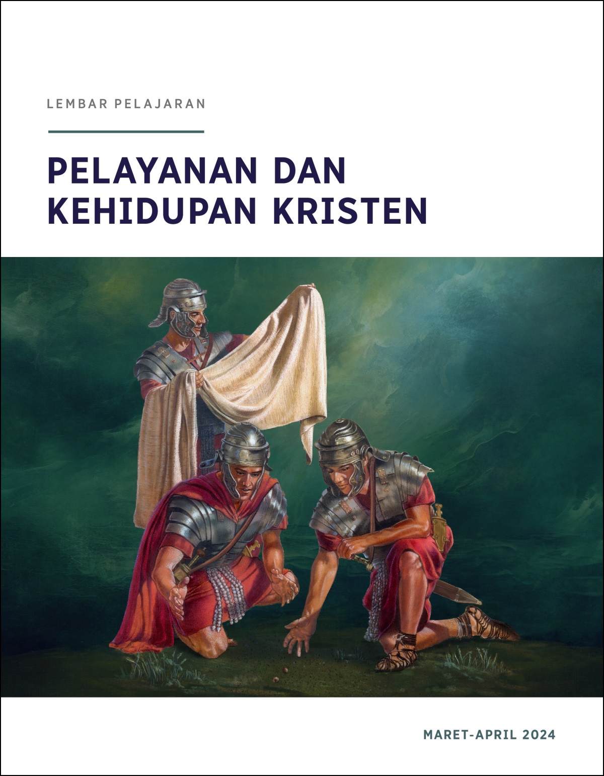 Seorang prajurit Roma memeriksa baju luar Yesus dan dua prajurit lainnya melempar undi.