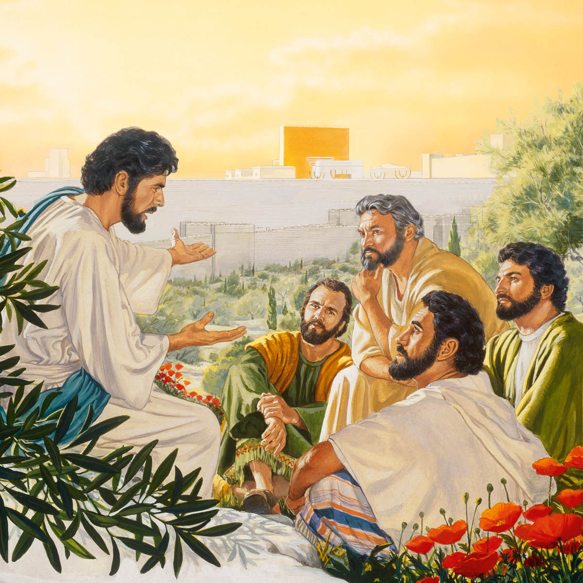 Yesus berbicara kepada beberapa rasulnya di Gunung Zaitun. Bait terlihat di belakang mereka.