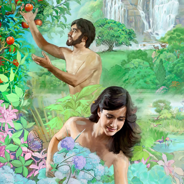 Adam dan Hawa, muda dan sehat, di Taman Eden yang indah