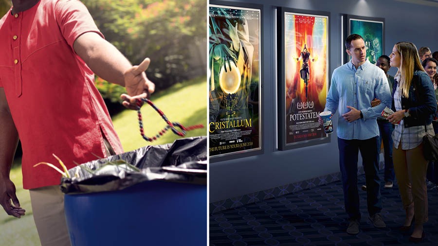 Seorang saudara membuang jimatnya ke tempat sampah; sepasang suami istri berjalan melewati poster film yang berbau spiritisme