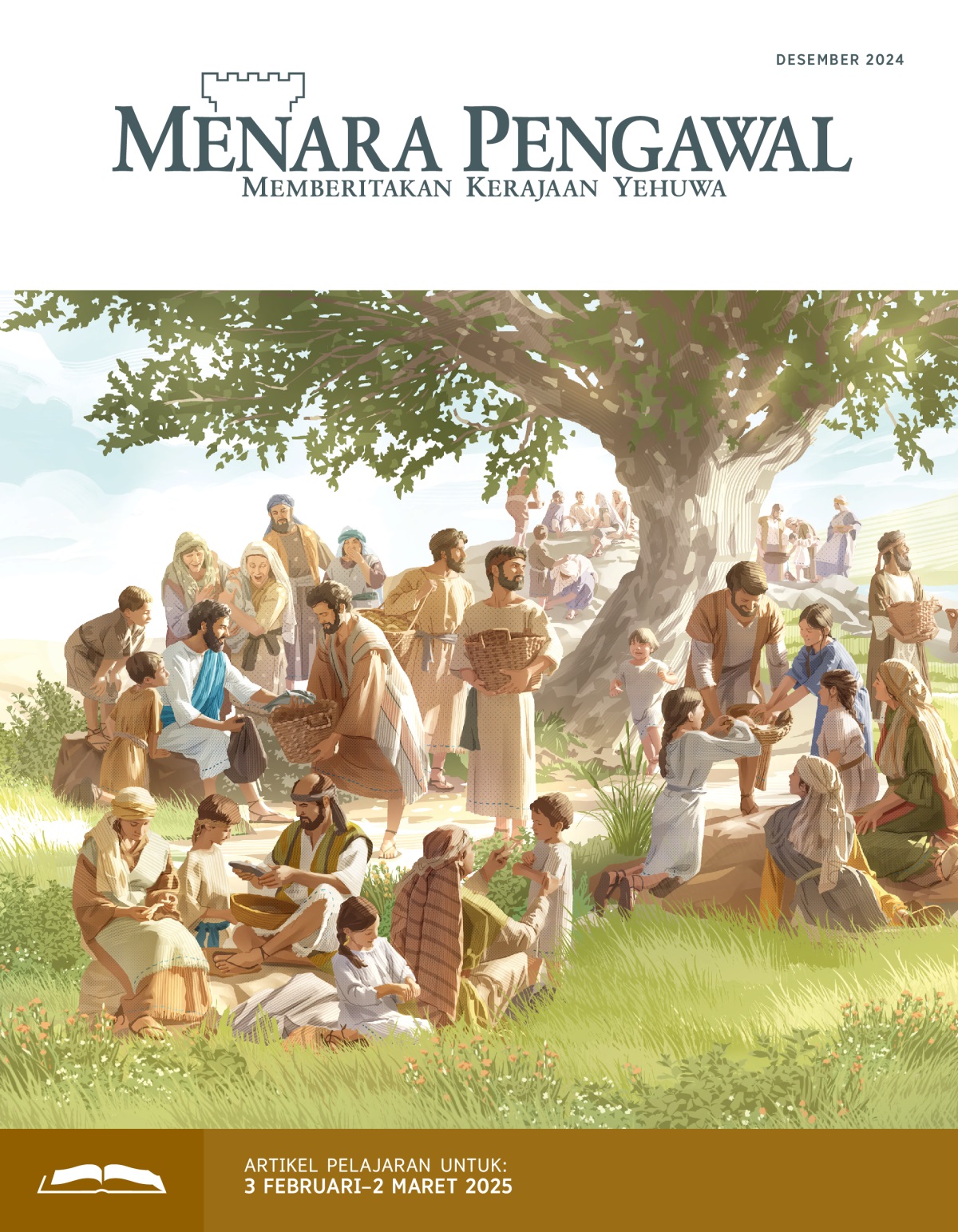 Yesus memberikan roti dan ikan kepada murid-muridnya, dan mereka membagikannya kepada sekumpulan besar orang yang terdiri dari pria, wanita, dan anak-anak.