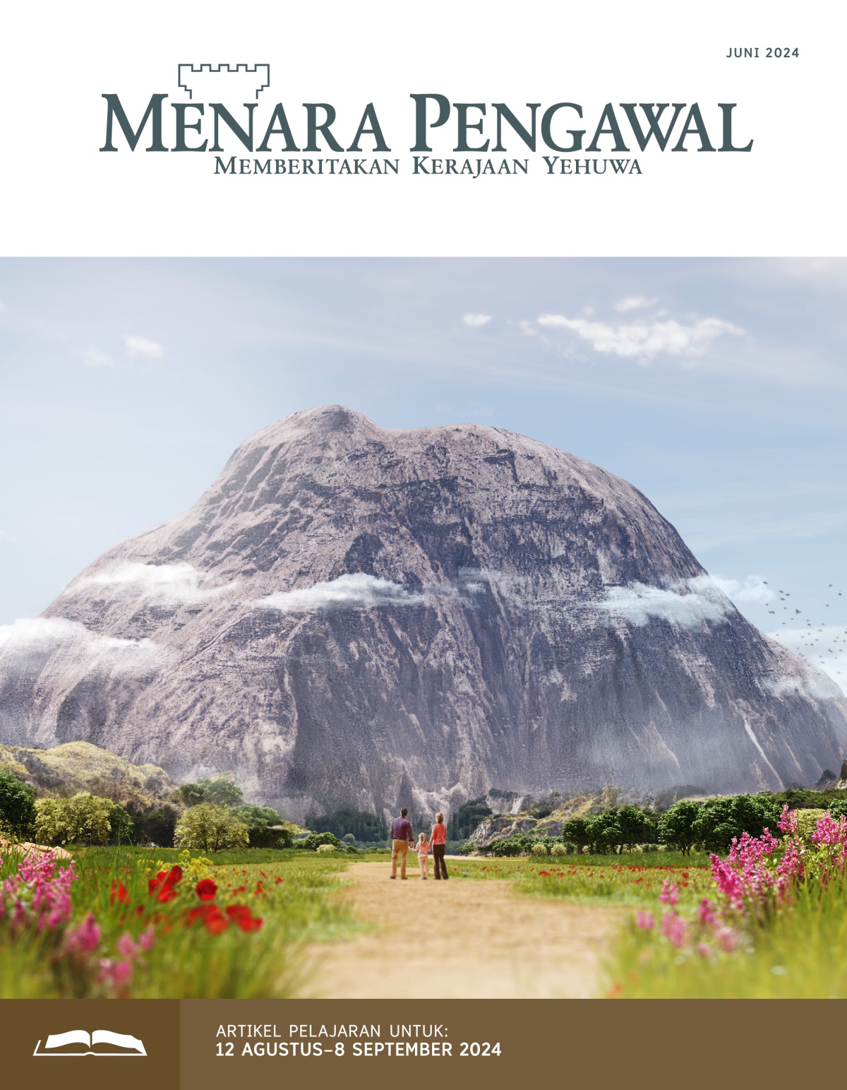 Orang tua dan anak perempuan mereka yang masih kecil sedang melihat gunung batu besar yang ada di depan mereka.