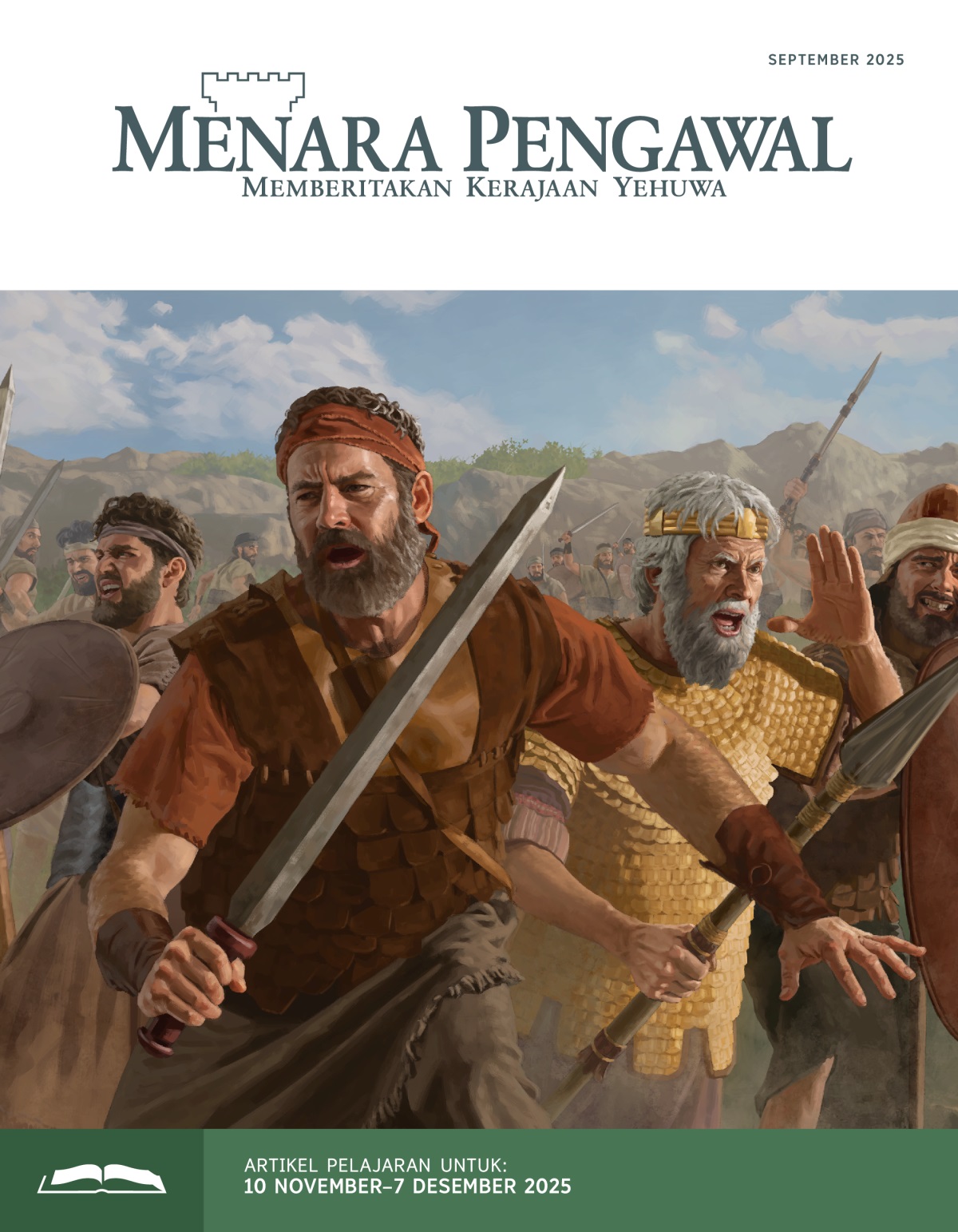 Yonatan, Saul, dan para prajurit Israel sedang berperang melawan musuh menggunakan pedang, tombak, dan perisai.