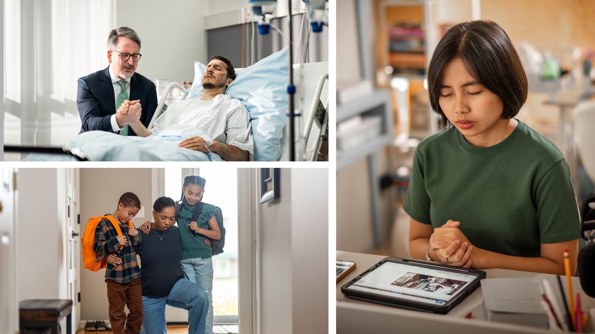 Beberapa gambar: Seorang saudara dan dua saudari mendoakan orang lain. Gambar-gambar ini muncul lagi secara terpisah.