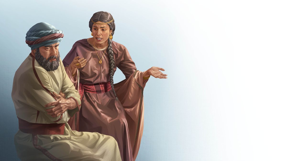 Sara berbicara dengan terus terang kepada Abraham, dan Abraham terlihat tidak senang.