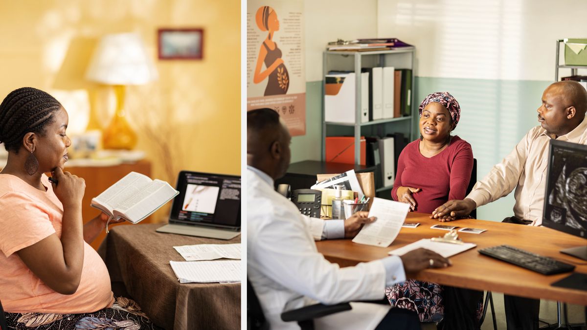Beberapa gambar: 1. Seorang saudari yang sedang hamil mempersiapkan diri untuk kelahiran bayinya. Dia menggunakan Alkitab, kartu DPA, tablet, dan buku catatan. 2. Belakangan, dia bertemu dengan dokter bersama suaminya dan menjelaskan pendiriannya tentang prosedur medis yang menggunakan darah. Dokternya mendengarkan sambil melihat kartu DPA saudari itu.