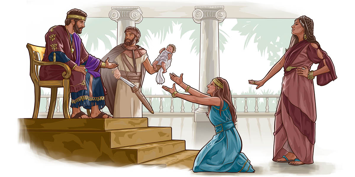 Ebe Solomọn na-ekpe ikpe n’etiti ndị akwụna abụọ na-azọ otu nwa nwoke a mụrụ ọhụrụ. Onye nke ọ bụla na-ekwu na ọ bụ ya mụrụ nwa ahụ.