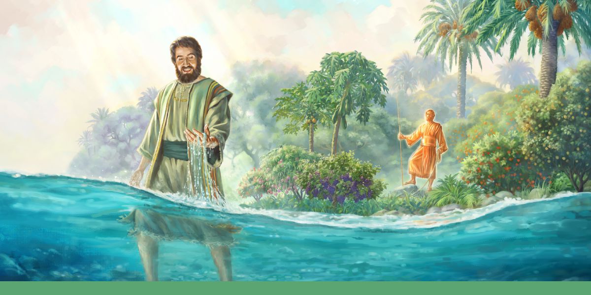 Ebe Ezikiel ji ụkwụ na-agafe osimiri na-asọ asọ. Nwoke ahụ yiri ọla kọpa nọ n’akụkụ osimiri ahụ na-ele ya.
