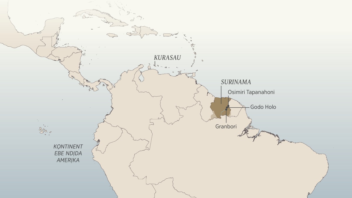 Map Ebe Ndịda Amerịka na Karịbian, na-egosi ụfọdụ ebe ndị Nwanna Daniel van Marl birila na ebe ndị ọ garala, ya bụ, Kurasau, Surinama, Osimiri Tapanahoni, Godo Holo, Granbori.