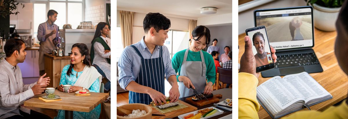Picture: 1. One brother and one sister wey de try know each other sitdown de talk for restaurant. 2. Another brother and sister wey dey for relationship de cook together for one get-together. 3. One brother and one sister de do video call. Them de study “What Can I Expect From Marriage?—Part 1” (For English.) wey dey inside one Awake! for jw.org. Bible wey them open dey front of the brother.