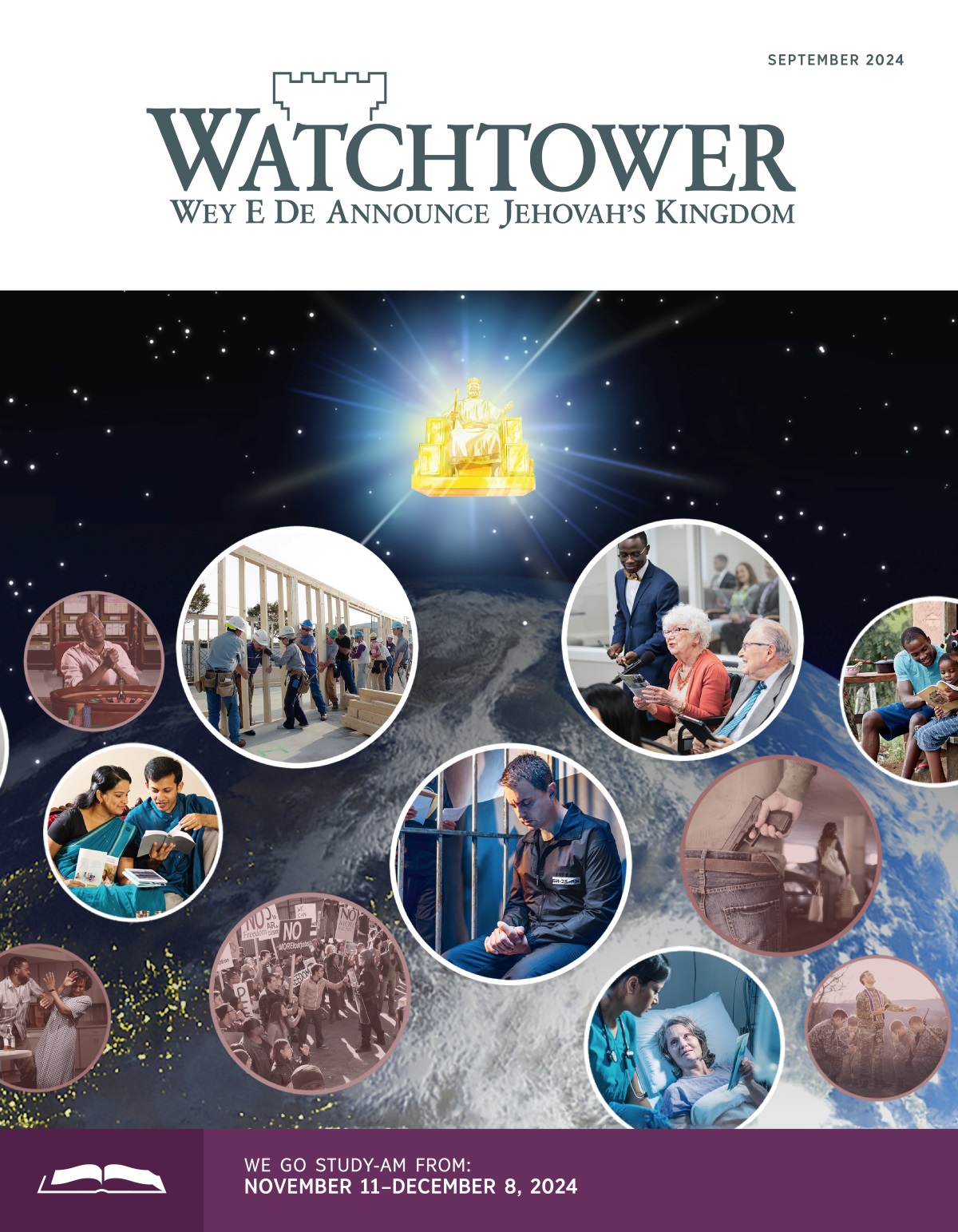 Jesus sitdown for throne for heaven, and e de look two group of people. Picture: Brothers and sisters de worship Jehovah. 1. One sister hold tablet phone and de look heaven. 2. Husband and wife de read Bible. 3. Brothers and sisters de build for Jehovah organization. 4. One brother wey dey prison de pray. 5. One old sister de answer question for meeting. 6. One sister wey dey hospital, de give one person wey de work for the hospital tract. 7. One brother de study Bible with im family. Picture: Men and women wey no de follow wetin Bible talk. 1. One man de pray as e want play gamble. 2. One man wey de beat one woman. 3. People wey de protest. 4. One man wey hold gun follow one woman enter garage. 5. One pastor de pray for soldiers wey want go fight war. 6. One woman wey de take hard drugs.