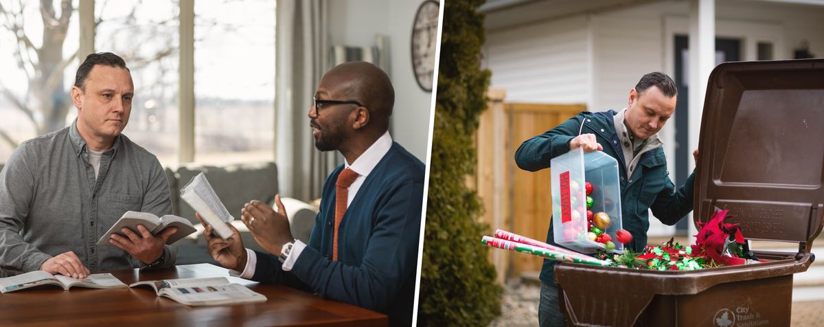 Picture: 1.One brother de help im Bible student understand one Bible verse wey them read. 2. The Bible Student troway all the things wey e de take decorate im house for Christmas.