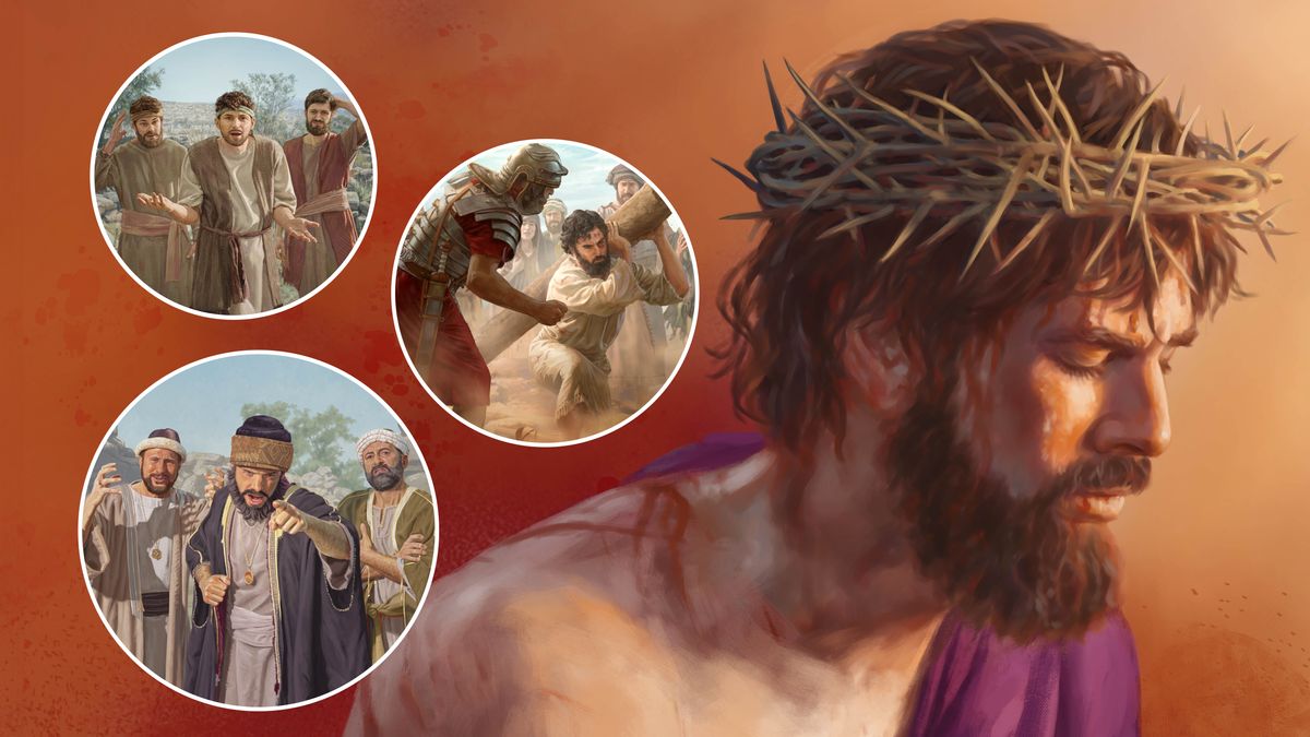 Picture: Jesus suffer as people treat-am for bad way. 1. E wear crown wey them make with chuku-chuku and blood dey im body. 2. Some of im family members no put faith for-am. 3. Leaders for religion attack-am. 4. E de struggle as e de carry im torture pole and one Roman soldier de treat-am for bad way.