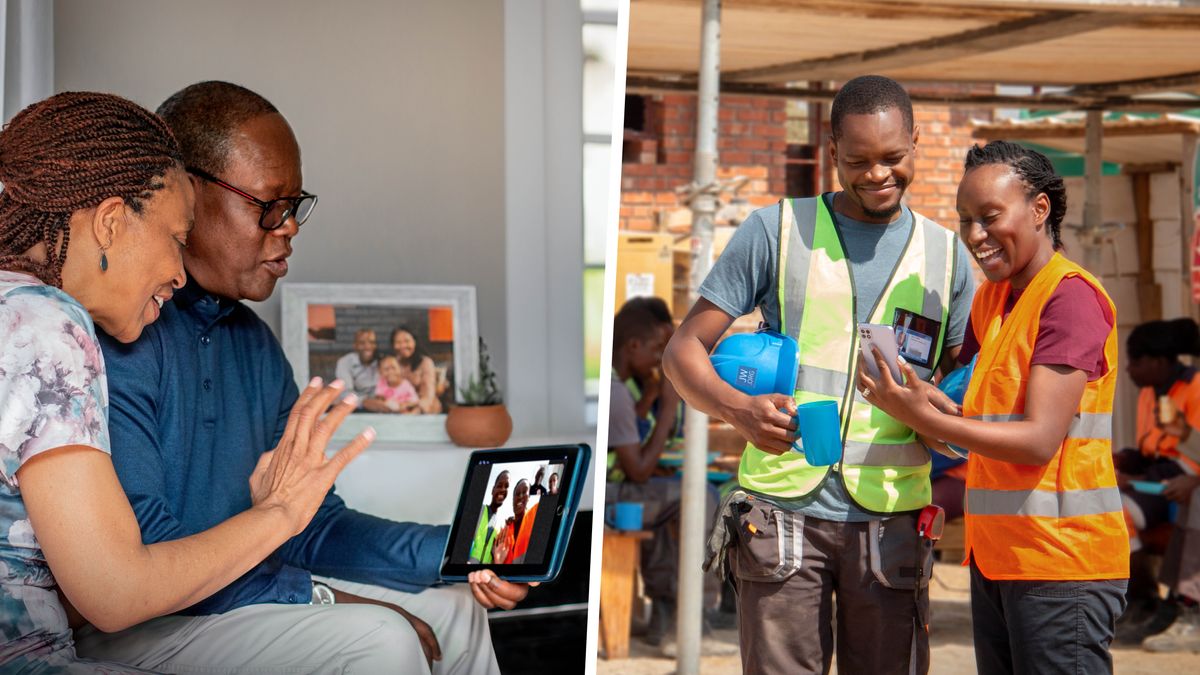 One husband and wife de happy to talk with their daughter and im husband for video call. Their daughter and im husband wear cloth wey people de wear for where them de do construction work.