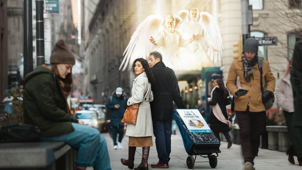 One husband and wife de carry preaching cart for street. Angels wey de fly for up make the sister notice one young woman wey no de happy, wey sitdown for bench.