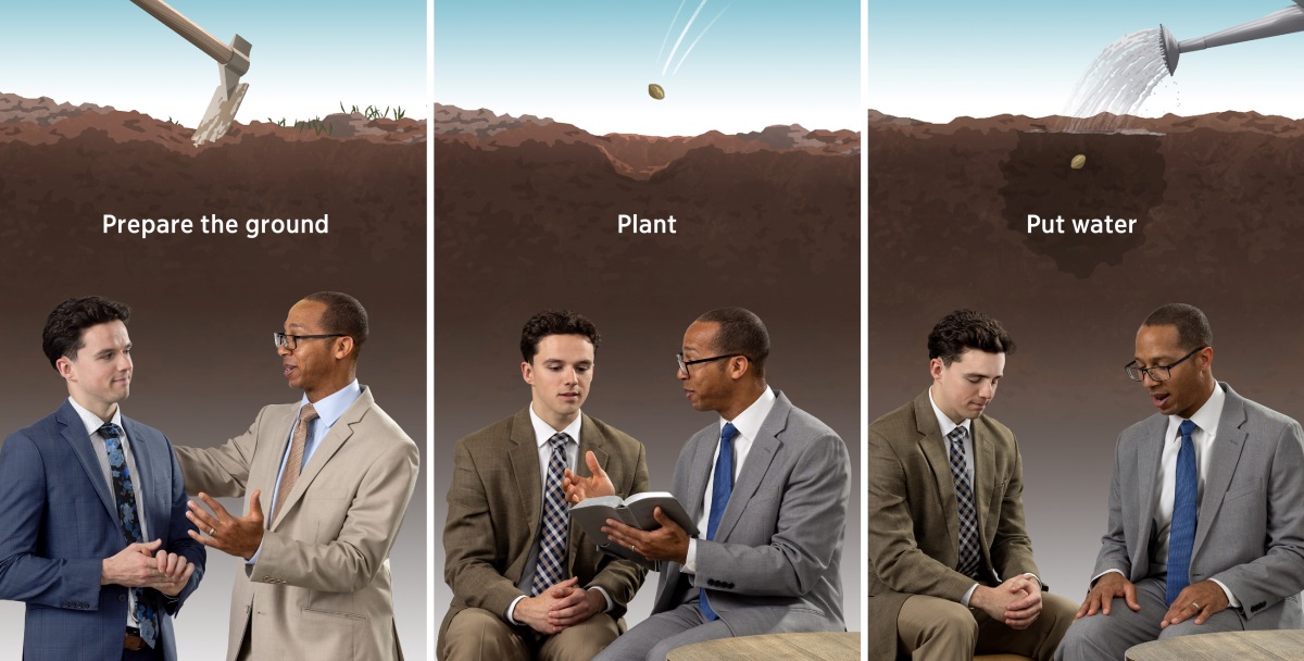 Picture wey de compare how one elder de advice one brother to farmer wey de plant for ground wey strong. 1. Prepare the ground: The farmer de first make the ground soft; the elder de talk for kind way to the brother. 2. Plant: The farmer de plant seed for the soft ground wey e don prepare; the elder de use Bible to reason with the brother. 3. Put water: The farmer de put water for the seed wey e plant; the elder de pray with the brother.