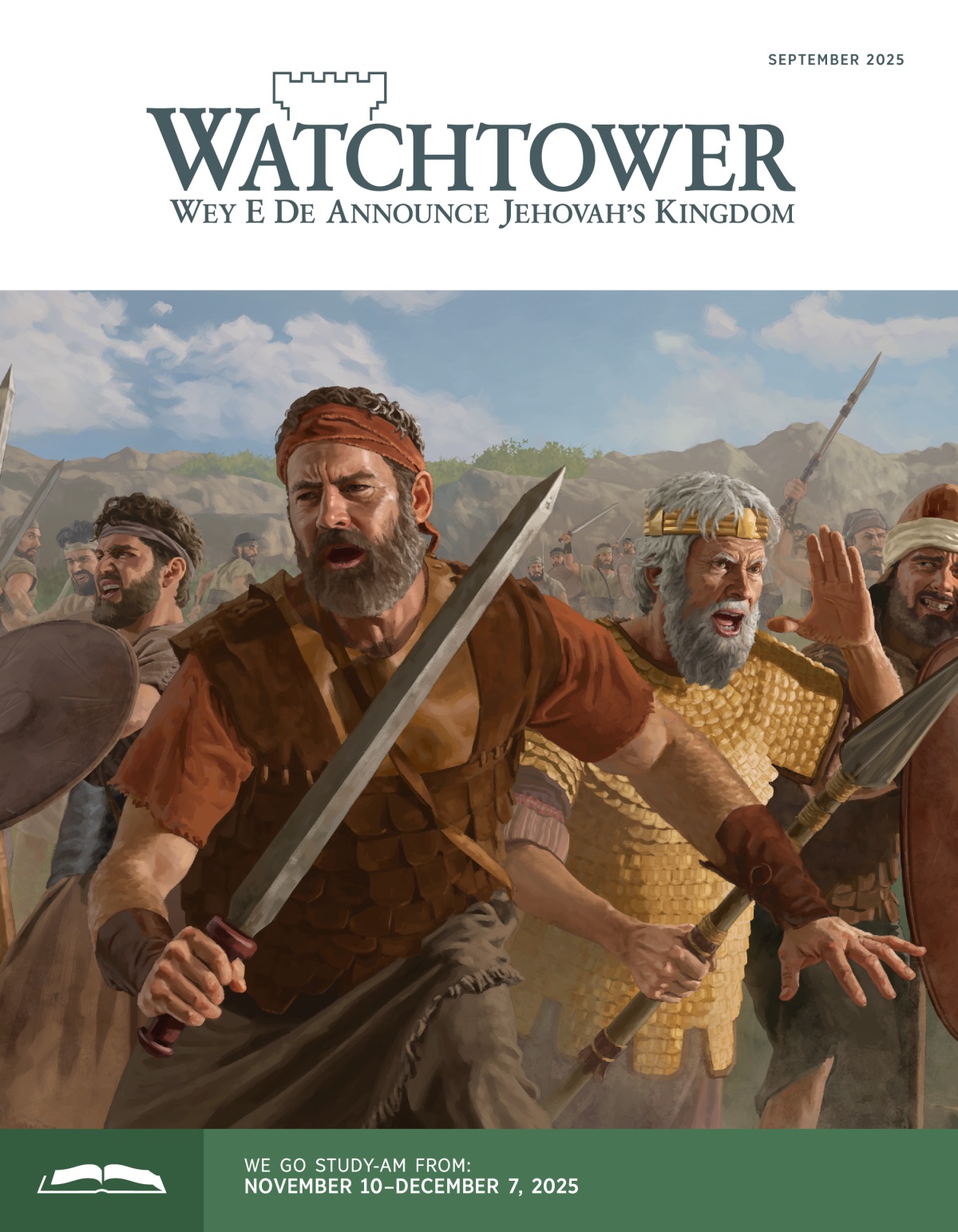 Jonathan, Saul, and Israel soldiers de fight with their swords, spears, and shields for battleground.