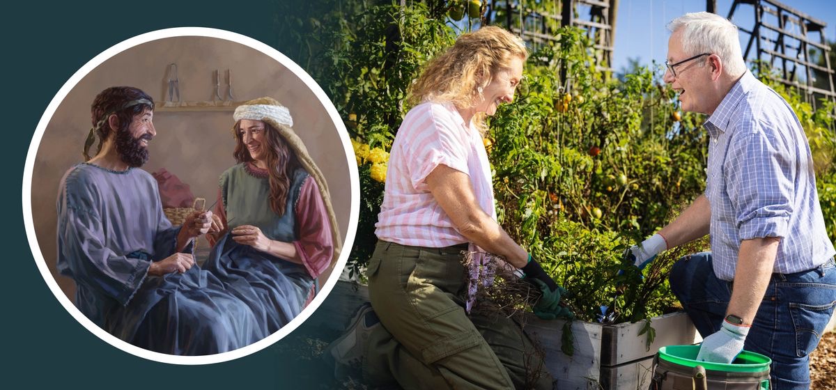 A couple happily working together in a garden. An inset shows Aquila and Priscilla happily making tents together.