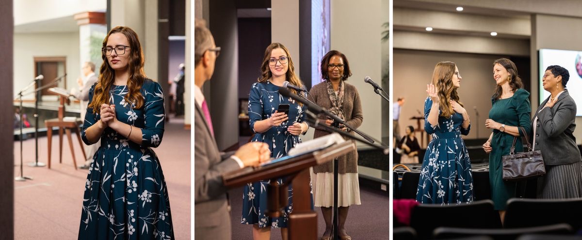 Collage: 1. A sister prays before going on stage at a circuit assembly. 2. A brother interviews her and another sister. 3. The sister gives credit to Jehovah when others praise her after the program.