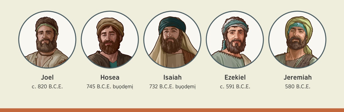 CollageJehovah fịrimọ baratụa wó kịmịbo pịrị bụrụotuama. 1. Joel: circa 820 B.C.E. 2. Hosea: 745 B.C.E. bụọdẹmị 3. Isaiah: 732 B.C.E. bụọdẹmị 4. Ezekiel: circa 591 B.C.E. 5. Jeremiah: 580 B.C.E.
