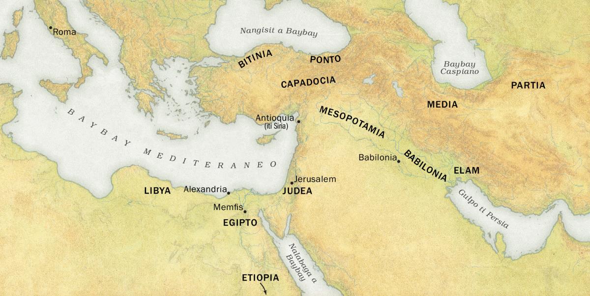Mapa a mangipakpakita ti naggapuan dagiti nakangngeg iti naimbag a damag idi Pentecostes 33 C.E. 1. Rehion: Libya, Egipto, Etiopia, Bitinia, Ponto, Capadocia, Judea, Mesopotamia, Babilonia, Elam, Media, ken Partia. 2. Siudad: Roma, Alexandria, Memfis, Antioquia (iti Siria), Jerusalem, ken Babilonia. 3. Dandanum: Baybay Mediteraneo, Nangisit a Baybay, Nalabaga a Baybay, Baybay Caspiano, ken Gulpo ti Persia.