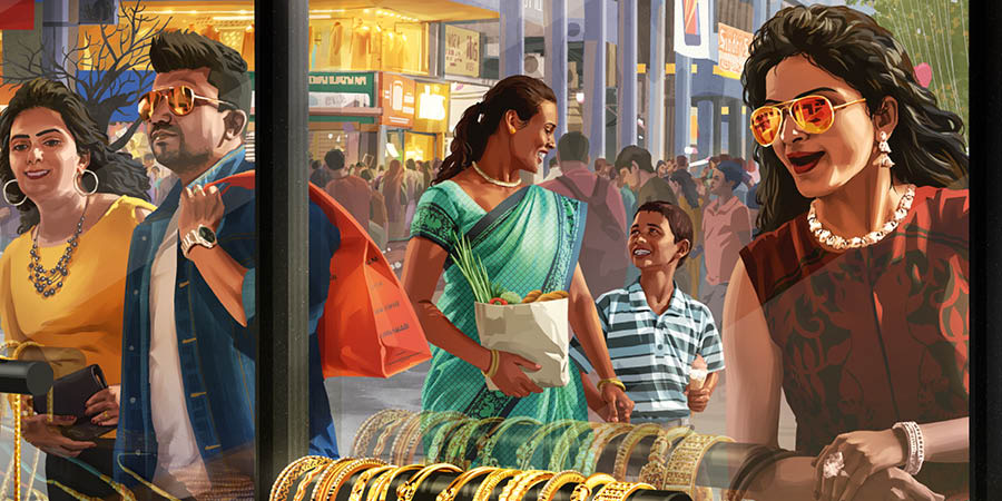 Agina a kontento bayat a magmagnada iti shopping area idiay India uray no dagiti tattao iti aglawlawda ket aggatgatang kadagiti nagngingina a banag.